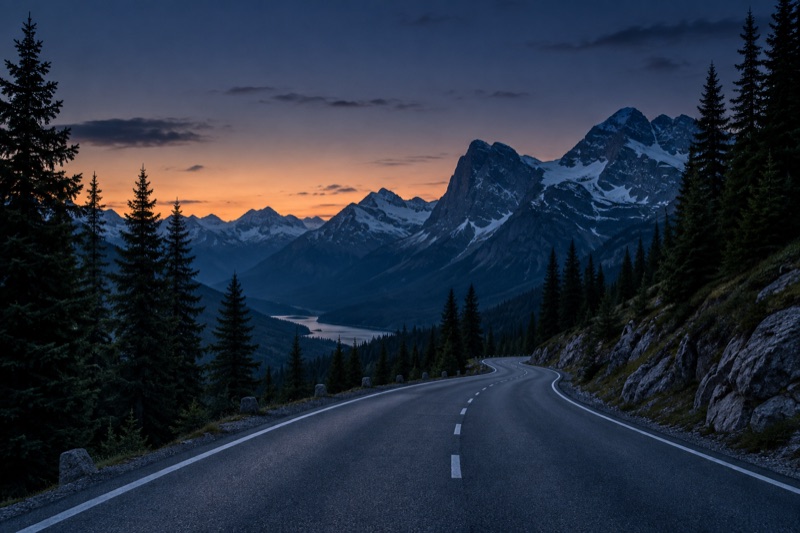 Alpenstraße in der Abenddämmerung