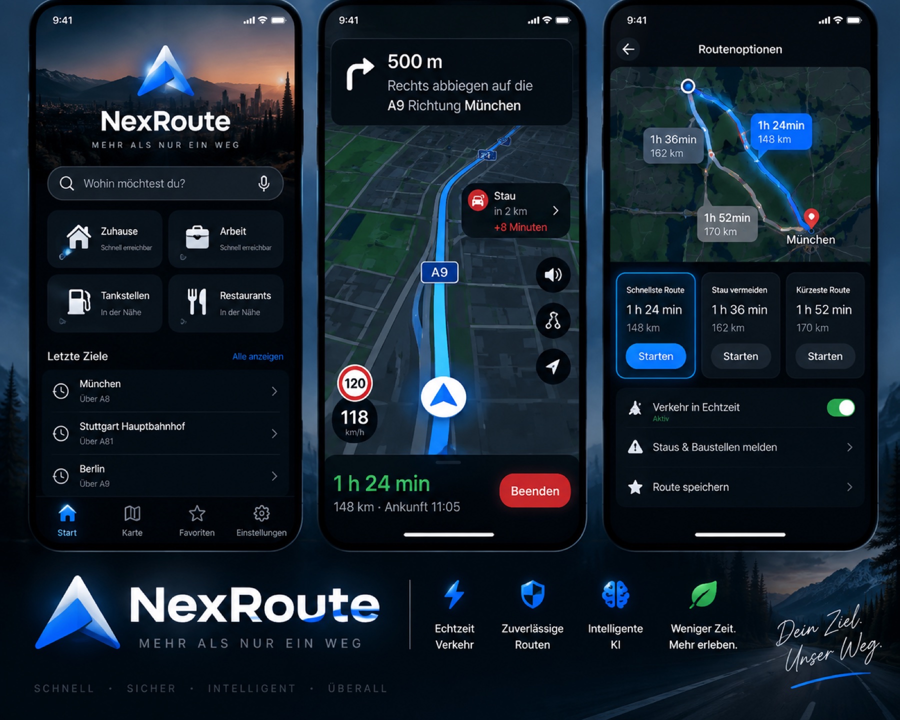 NexRoute Designübersicht mit drei Smartphone-Ansichten